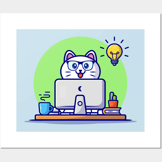 Cute Cat Working On Computer With Coffee Cup Cartoon Vector Icon Illustration Wall Art by Catalyst Labs